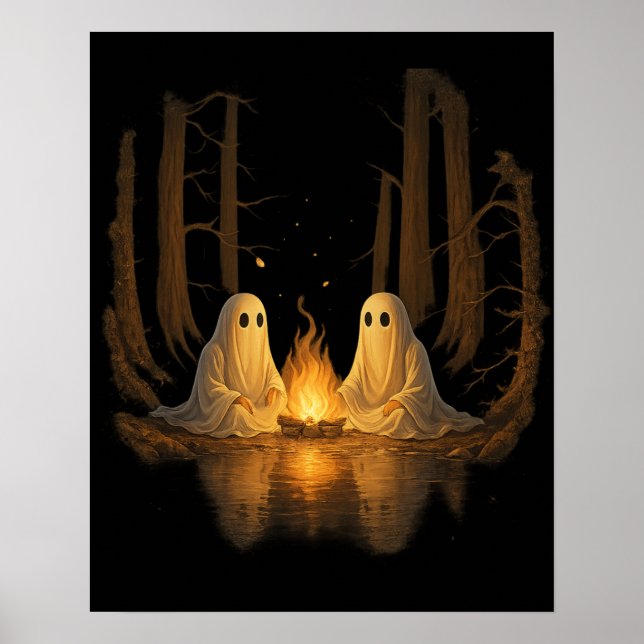 Spooky Ghost Campfire Night Forest Art - Halloween Poster (Framsidan)