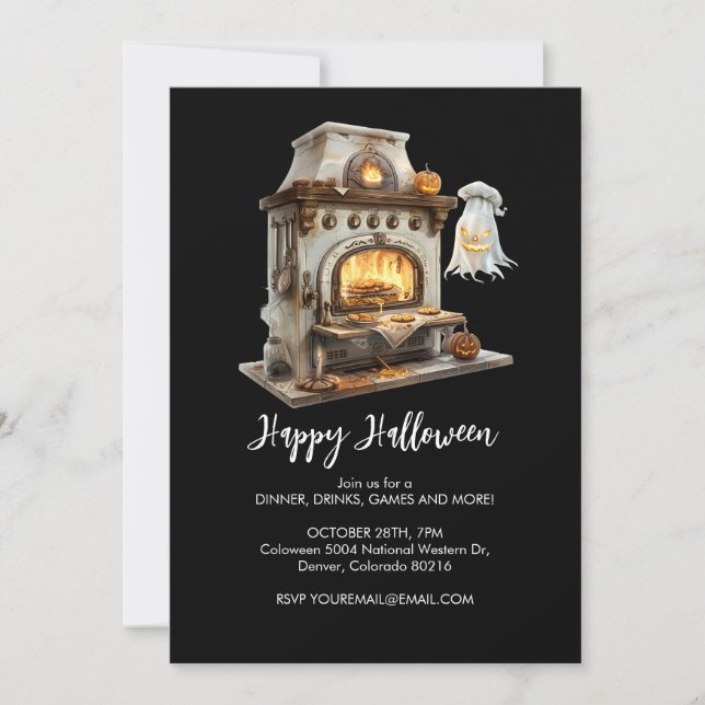 Spooky Ghost Chef med Antique Stove, Halloween Inbjudningar (Framsida)