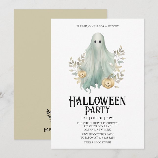 Spooky Ghost Costume Mint Halloween fest Inbjudningar (Fram/baksida)