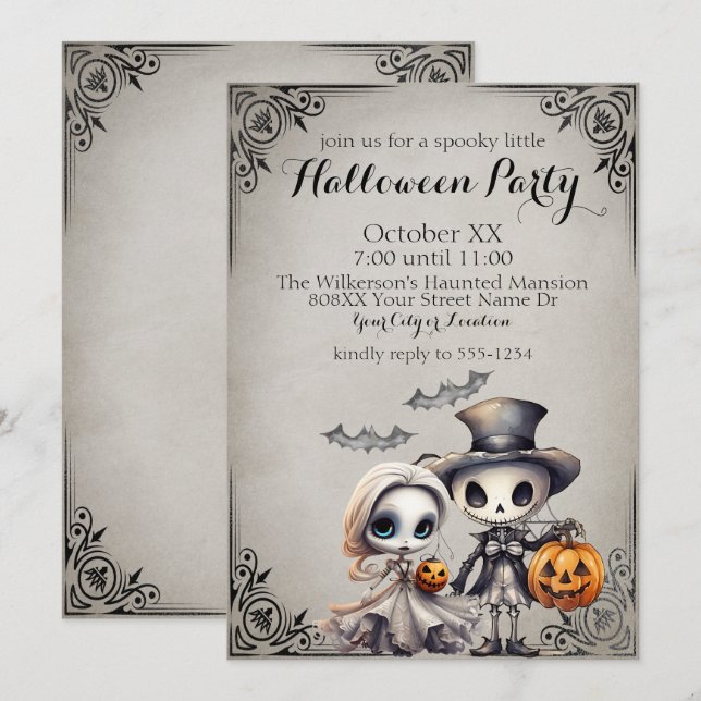 Spooky Ghost Doll och Skeleton Halloween fest Inbjudningar (Fram/baksida)