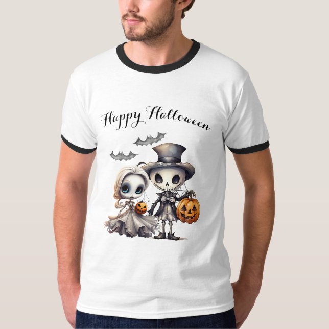 Spooky Ghost Doll och Skeleton Halloween T Shirt (Framsida)