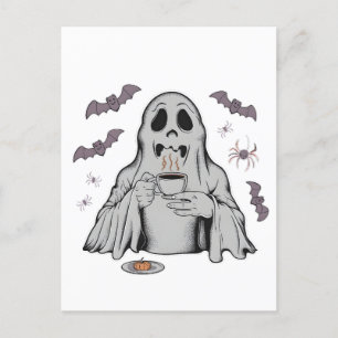 Spooky Ghost Drinking Coffee Caffeine Halloween Meddelande Vykort