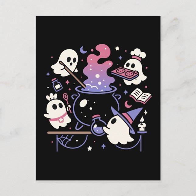 Spooky Ghost Halloween Witch Cauldron Helg Vykort (Framsida)