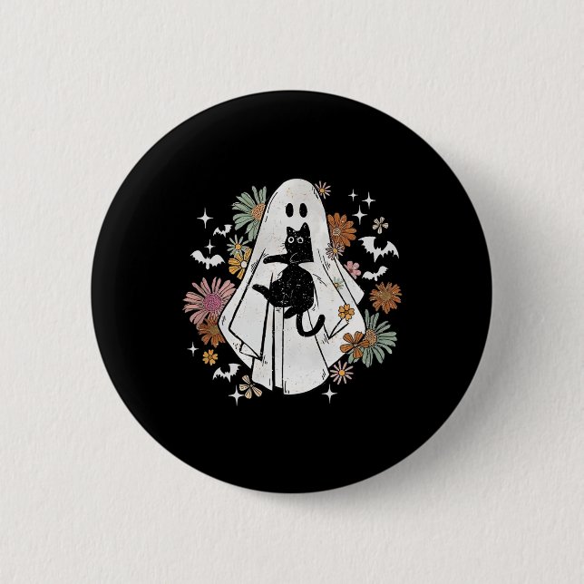 Spooky Ghost Holding Black Cat Groovy Blommigt Hal Knapp (Framsida)
