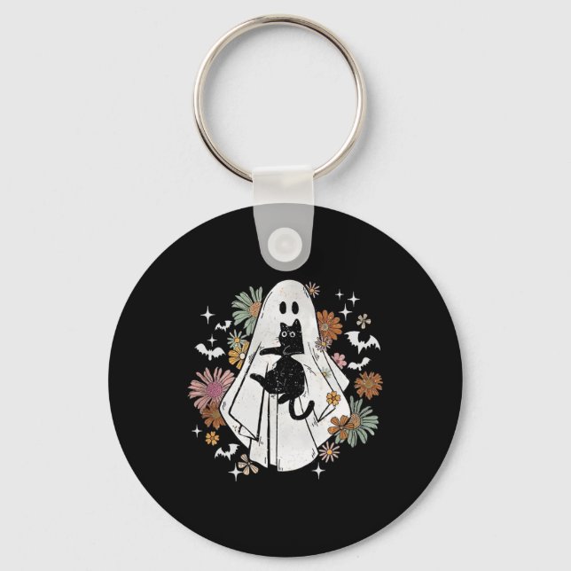 Spooky Ghost Holding Black Cat Groovy Blommigt Hal Nyckelring (Framsida)