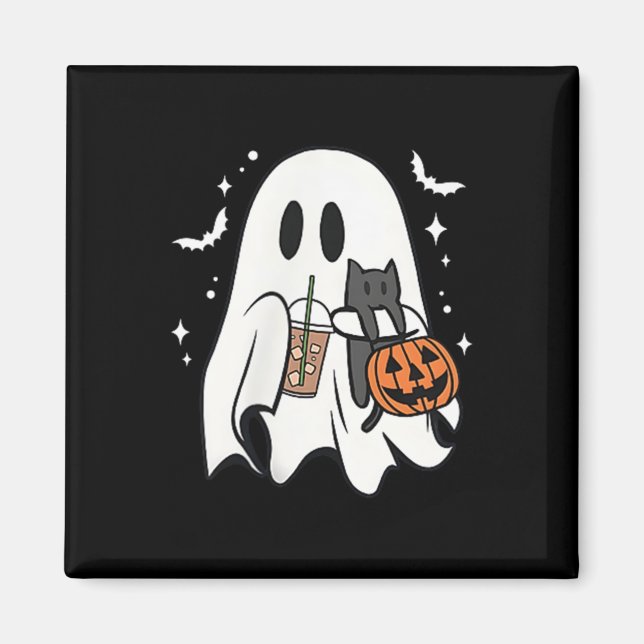Spooky Ghost Holding Black Cat Halloween Ice Kaffe Magnet (Framsidan)