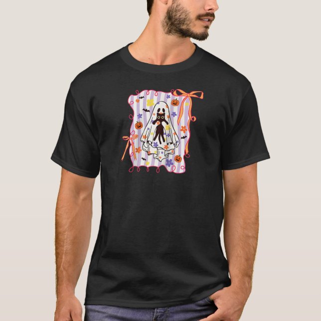 Spooky Ghost Holding Cat Coquette Floral Pumpkin H T Shirt (Framsida)