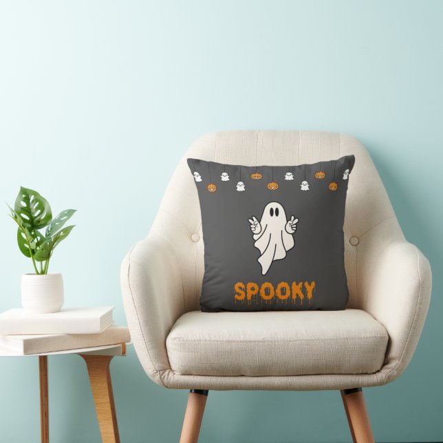 Spooky Ghost med Jack-O' Lanternor Grått Halloween Kudde (Stol)