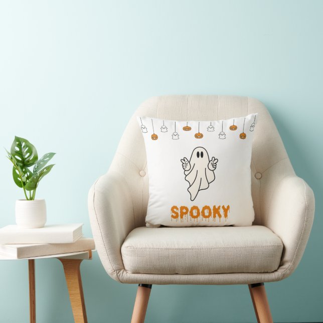 Spooky Ghost med Jack-O'Lanterns White Halloween Kudde (Stol)