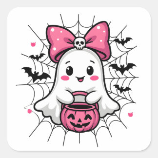 Spooky Ghost med Rosa Bow Breast Cancer Awareness Fyrkantigt Klistermärke