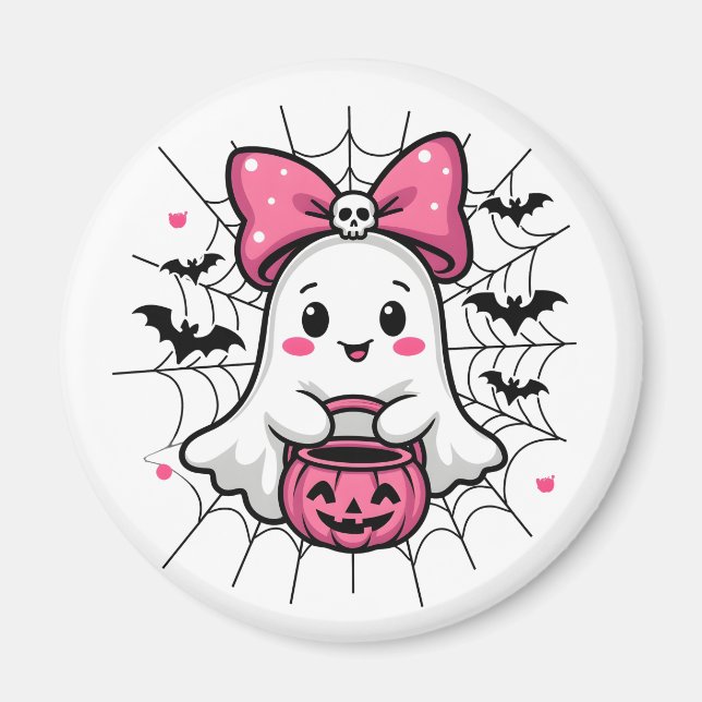 Spooky Ghost med Rosa Bow Breast Cancer Awareness Magnet (Framsidan)