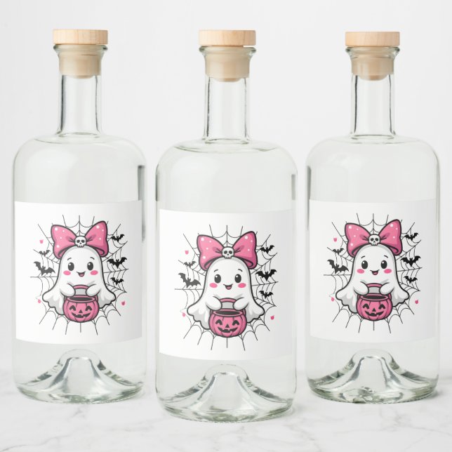 Spooky Ghost med Rosa Bow Breast Cancer Awareness Spritflaskor Etikett (Flaskor)