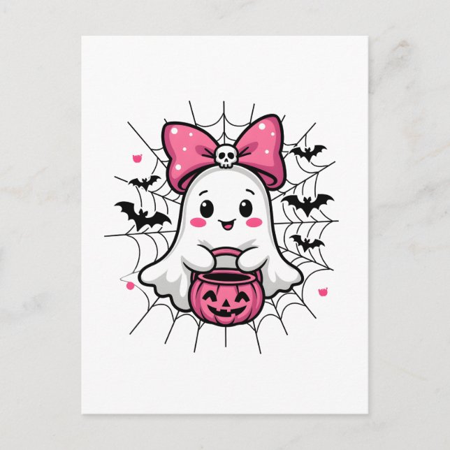 Spooky Ghost med Rosa Bow Breast Cancer Awareness Vykort (Framsida)