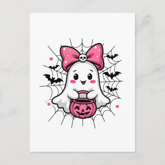 Spooky Ghost med Rosa Bow Breast Cancer Awareness Vykort (Framsida)