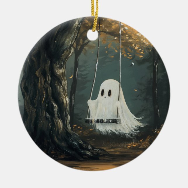 Spooky Ghost on Swing Halloween Autumn Forest Julgransprydnad Keramik (Framsidan)