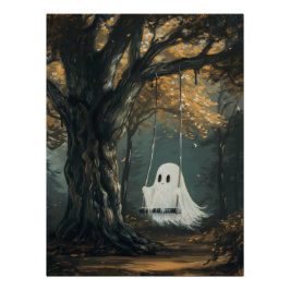 Spooky Ghost on Swing Halloween Autumn Forest Perfect Poster