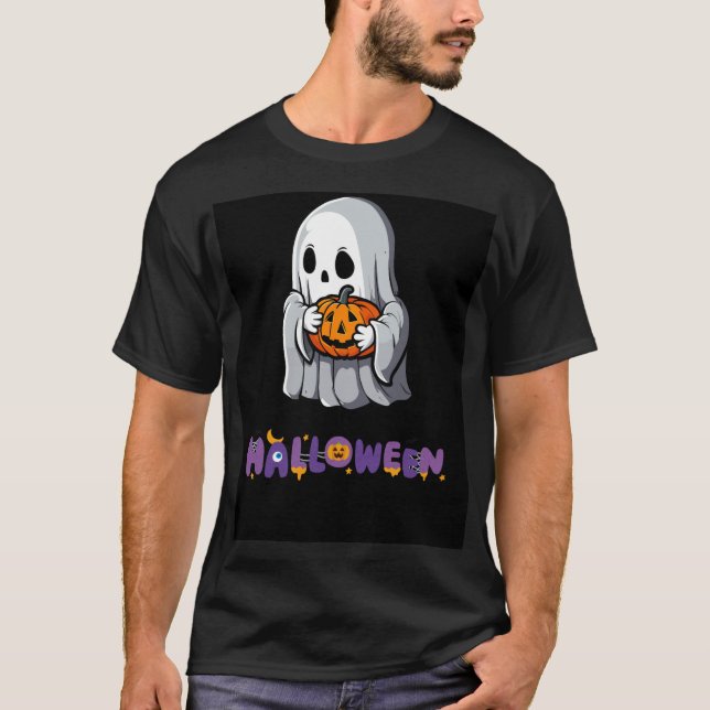Spooky Ghost & Pumpkin Halloween Delight T Shirt (Framsida)