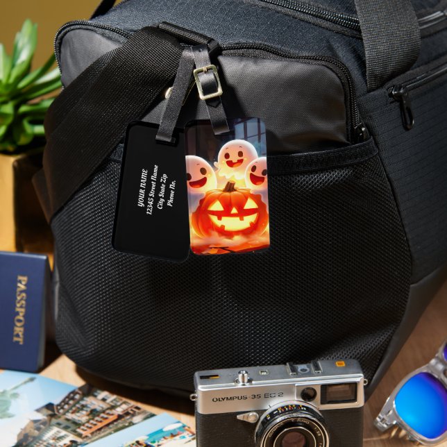 Spooky Ghost Pumpkin Party Glow Bagagebricka (Fram & Baksida)