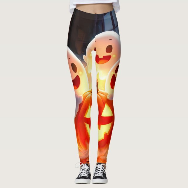 Spooky Ghost Pumpkin Party Glow Leggings (Framsida)