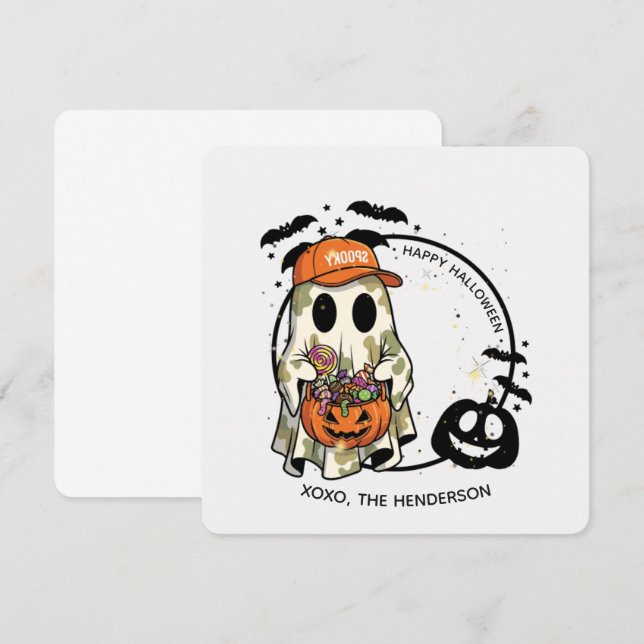Spooky Ghost Round Sticker - Cute Halloween Candy Inbjudningar (Fram/baksida)