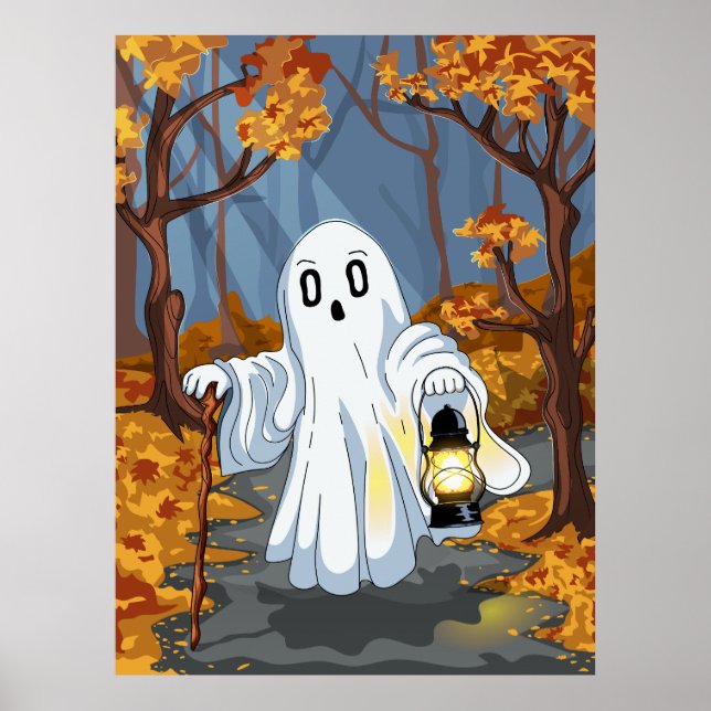 Spooky Ghost with Lantern in Autumn Forest Poster (Framsidan)