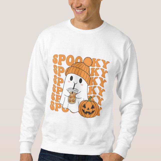  Spooky Ghost with Pumpkin Drink Halloween Tee Lång Ärmad Tröja (Framsida)