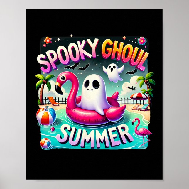 Spooky Ghoul Summer Cute Ghost Flamingo Hej Summ Poster (Framsidan)