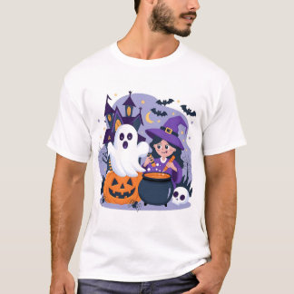 Spooky Girl and Pumpkin Ghost Pot Halloween Tee
