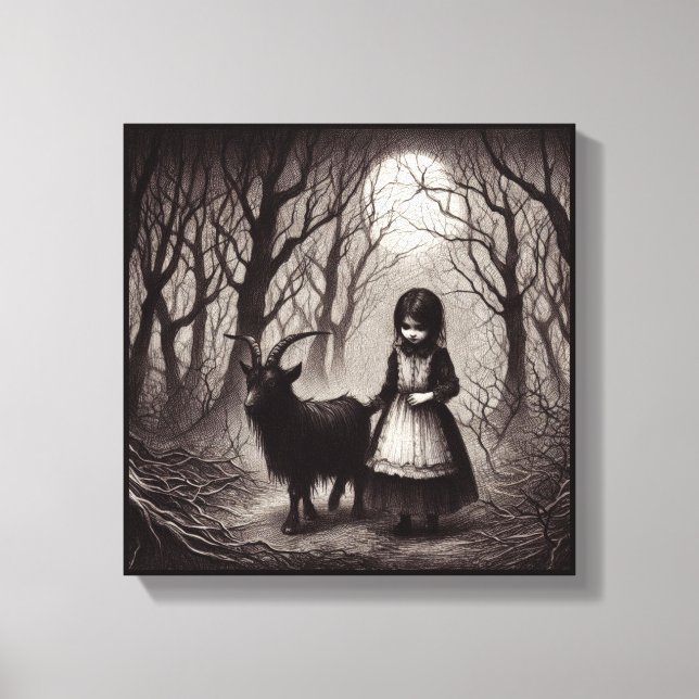 Spooky Girl with Goat Black Phillip Haunted Forest Canvastryck (Framsida)