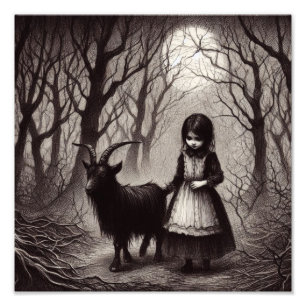 Spooky Girl with Goat Black Phillip Haunted Forest Fototryck