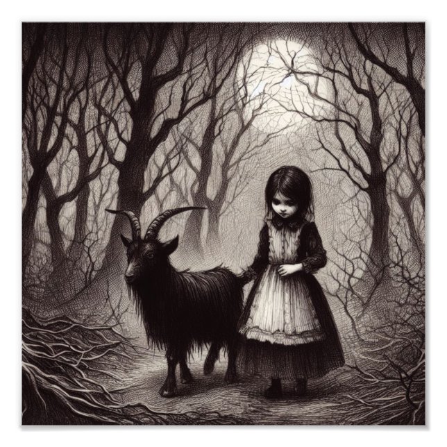 Spooky Girl with Goat Black Phillip Haunted Forest Fototryck (Framsidan)