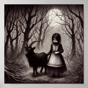 Spooky Girl with Goat Black Phillip Haunted Forest Poster