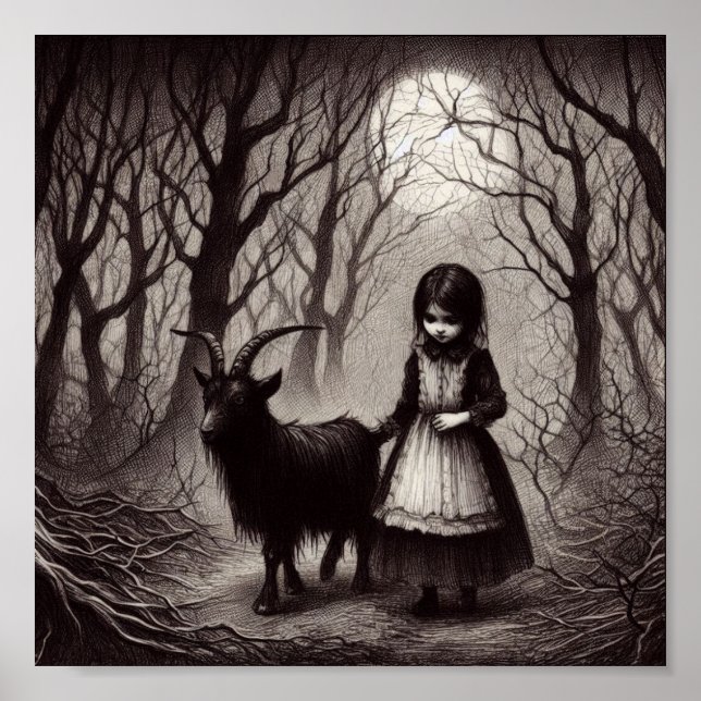 Spooky Girl with Goat Black Phillip Haunted Forest Poster (Framsidan)