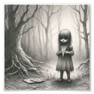 Spooky Girl with Pizza Horror Creepy Illustration Fototryck