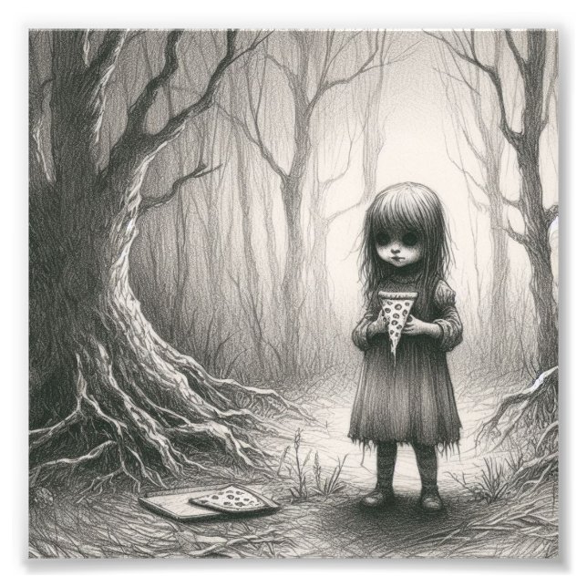 Spooky Girl with Pizza Horror Creepy Illustration Fototryck (Framsidan)