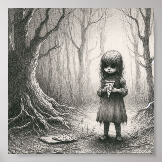 Spooky Girl with Pizza Horror Creepy Illustration Poster (Framsidan)