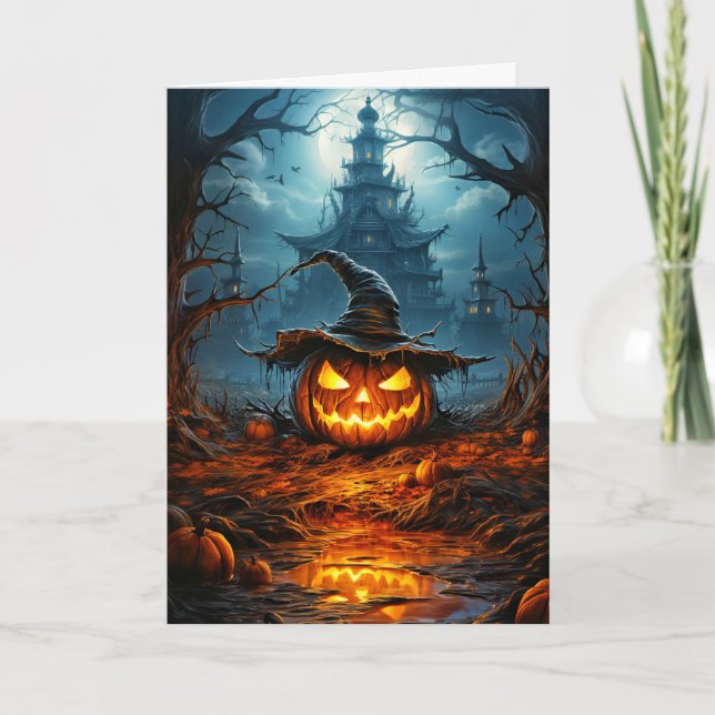 Spooky Glowing Halloween Pumpkin Kort (Framsida)