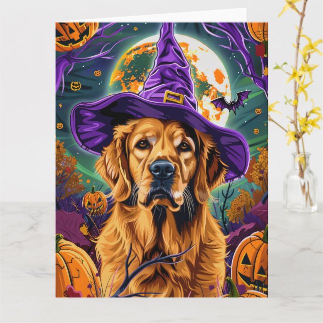 Spooky Golden Retriever Halloween Witch Pumpkin Kort (Gul blomma)