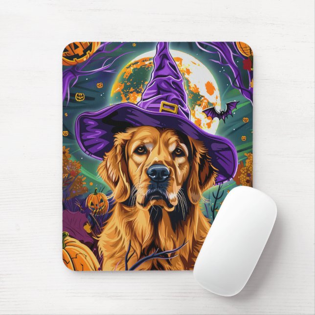 Spooky Golden Retriever Halloween Witch Pumpkin Musmatta (Med mus)
