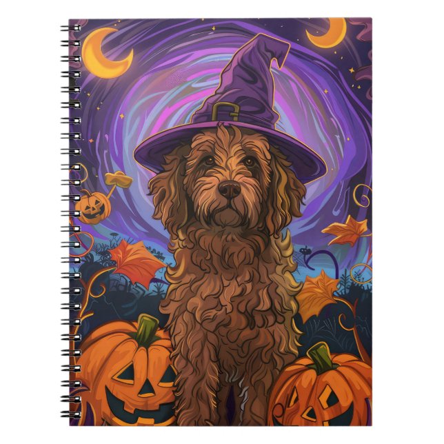 Spooky Goldendoodle Hund Halloween Witch Pumpkin Anteckningsbok (Framsidan)