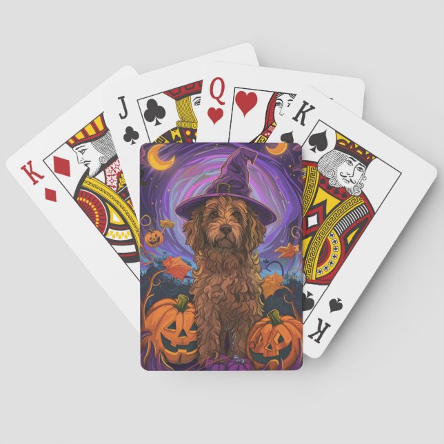 Spooky Goldendoodle Hund Halloween Witch Pumpkin Casinokort (Baksidan)