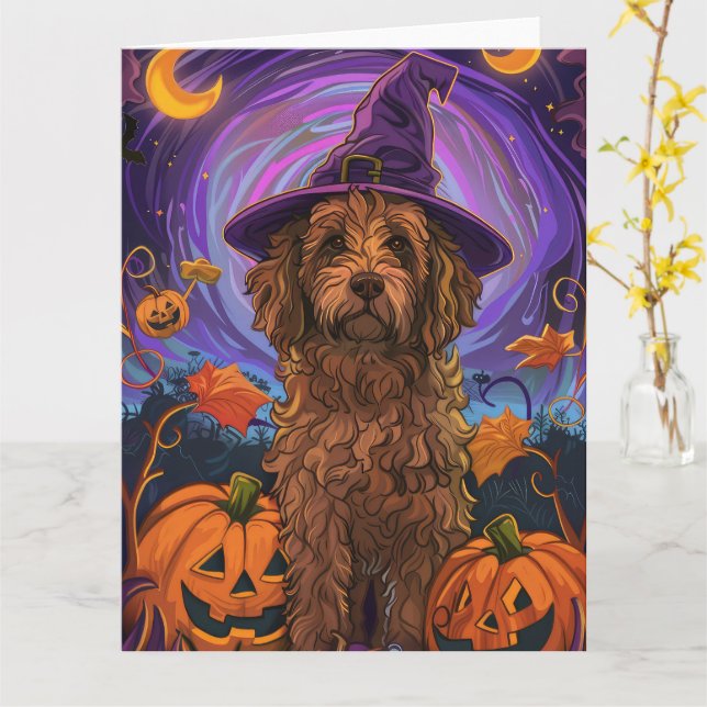 Spooky Goldendoodle Hund Halloween Witch Pumpkin Kort (Gul blomma)