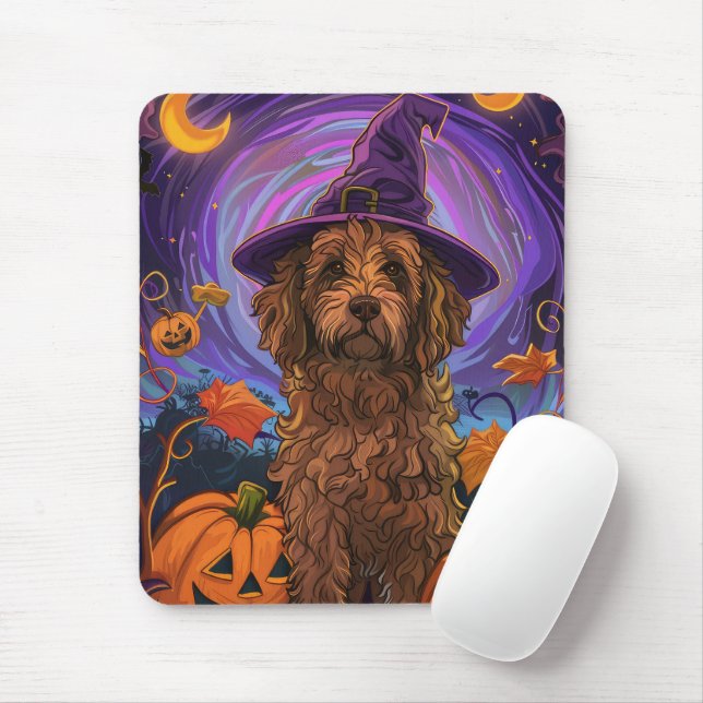 Spooky Goldendoodle Hund Halloween Witch Pumpkin Musmatta (Med mus)