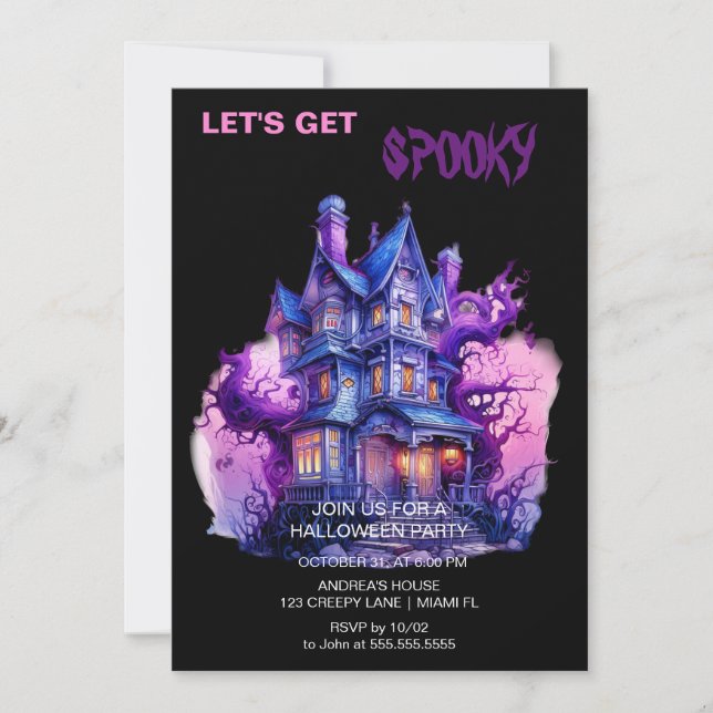 Spooky Gothic Haunted House Halloween Black Inbjudningar (Framsida)