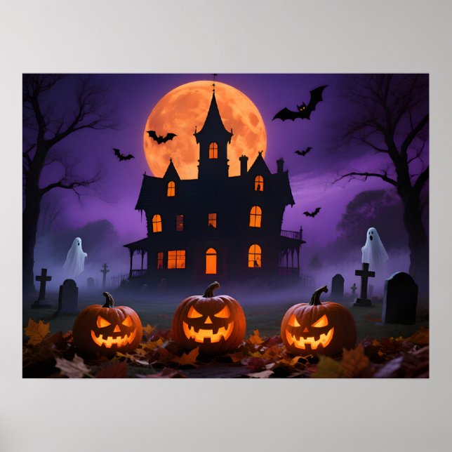 Spooky Gothic Manor with Ghosts and Graveyard Poster (Framsidan)