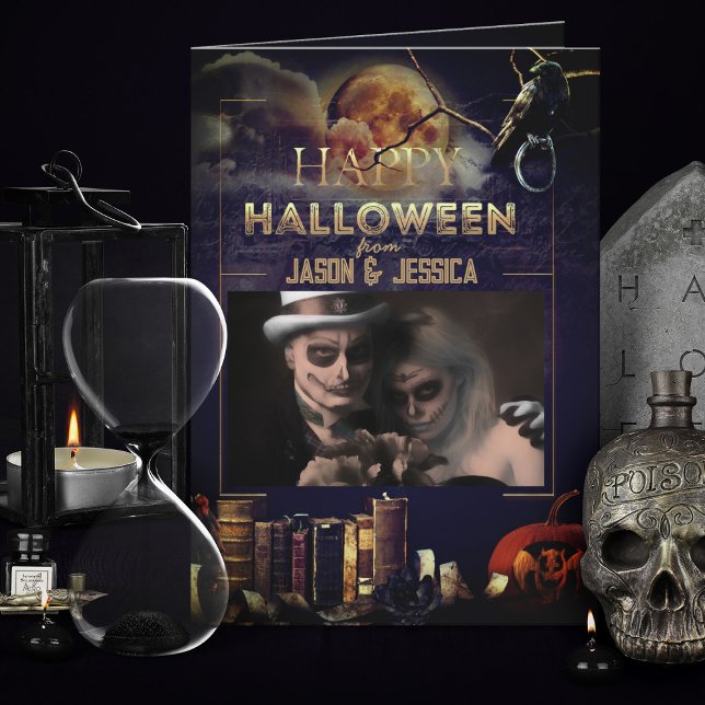 Spooky Gothic Raven Full Moon Photo Halloween Card Tack Kort (spooky gothic black Halloween Card with photo)