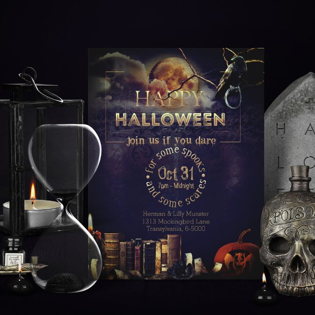 Spooky Gothic Raven in Full Moon Vuxen Halloween Helg Vykort (spooky adult gothic halloween invitations with full moon and pumpkin)