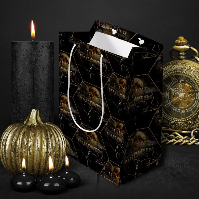 Spooky Gothic Raven in Full Moon Vuxen Halloween M (black and gold elegant Halloween treats gift bag)