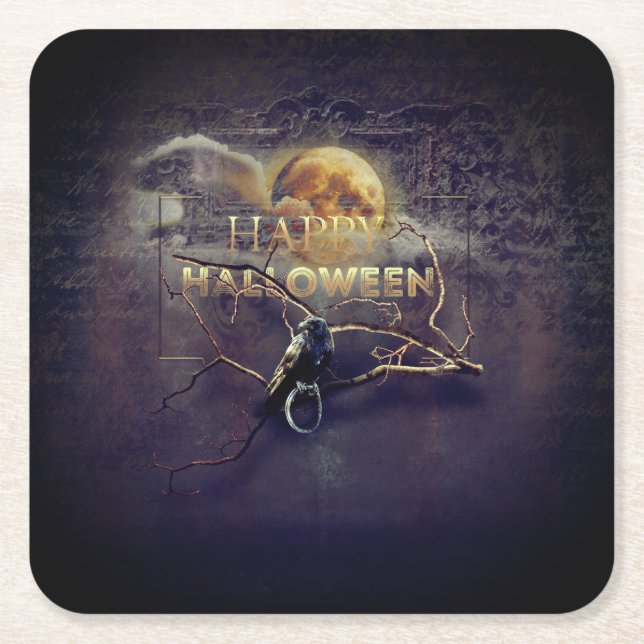 Spooky Gothic Raven in Full Moon Vuxen Halloween Underlägg Papper Kvadrat (Framsidan)