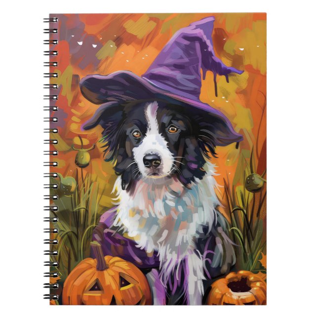 Spooky Gräns Collie Halloween Witch och Pumpkin Anteckningsbok (Framsidan)